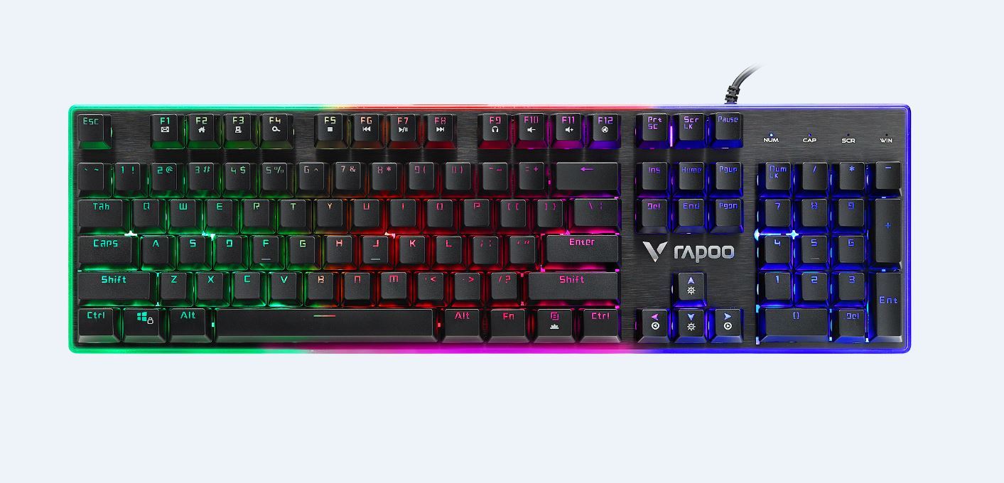 RAPOO V52PRO Backlit Mechanic-alike Gaming Keyboard showcasing its sleek design, backlit keys, and durable keycaps.